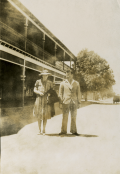 Dot and Alf Shields outside the Ken Kerr’s Stockinbingal Hotel before leaving for Melbourne